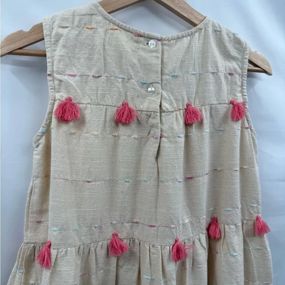 Poppet & Fox Girls Tiered 100% Cotton Tassel Dress in Cream | Size 10